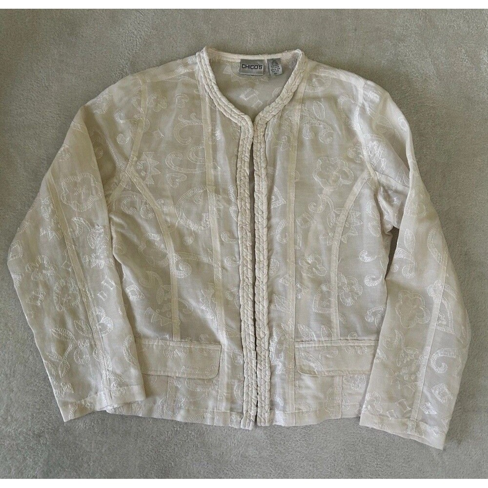 CHICOS Ivory Silk Linen Blend Open Front Jacket Embroidered Braided Lapel - Picture 5 of 13